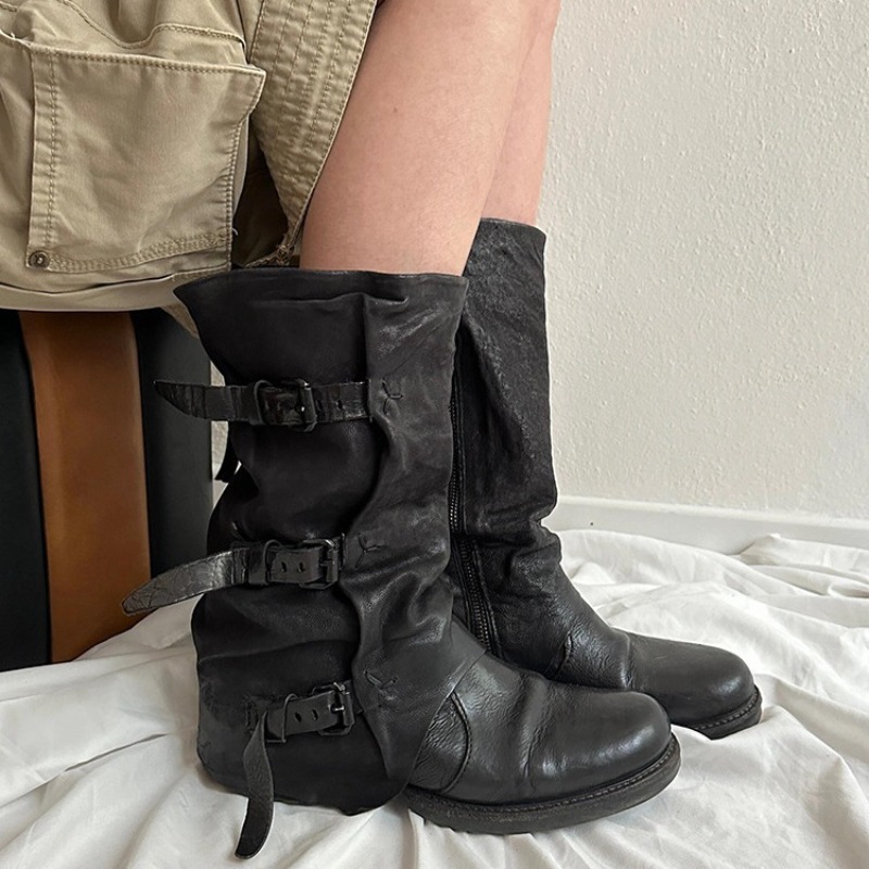 Vintage Zipper - Botas Femininas Pretas de Cano Médio